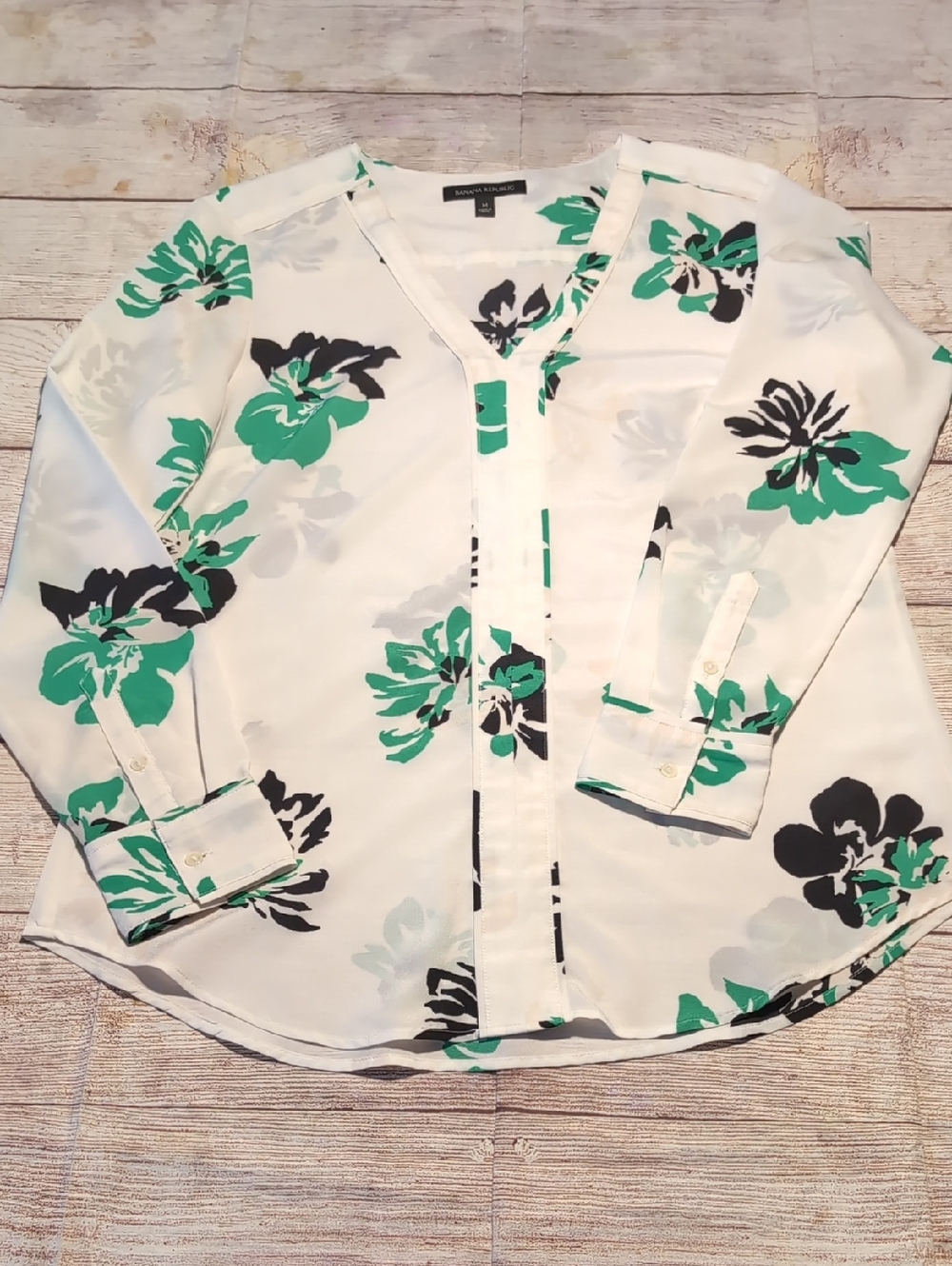 Banana Republic Black Green Hints Of Tan Floral Sheer Pullover Blouse Size M
